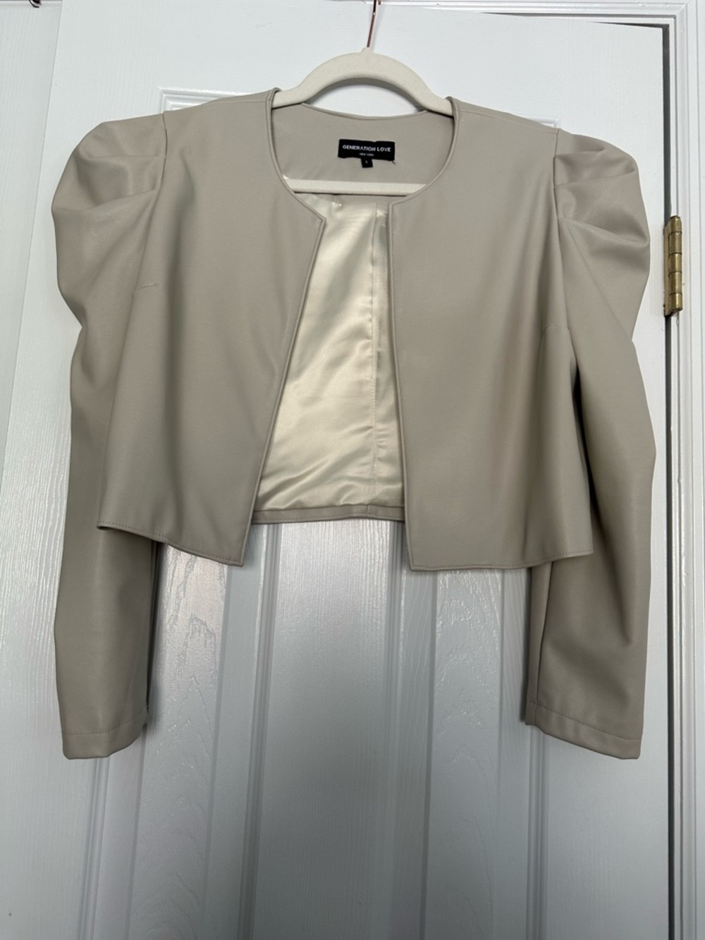 Generation Love Cream Faux Leather Cropped Puff-Sleeve Blazer